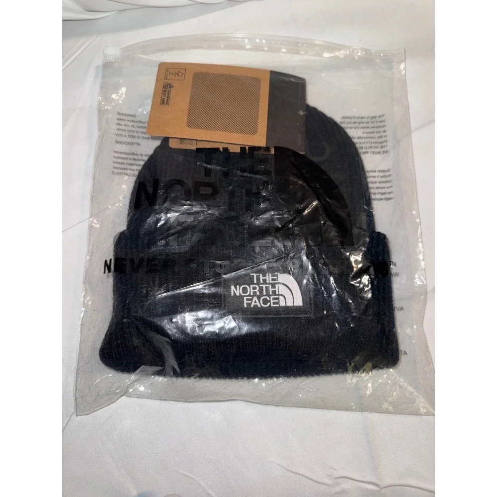 The North Face Dock Worker Recycled Beanie TNF Black Knit Logo Patch Hat NWT